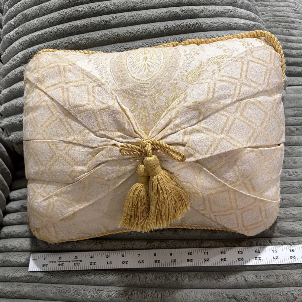 Cream Gold Damask Brocade Tassel Accent Pillow Pleated Front Pocket 14x10